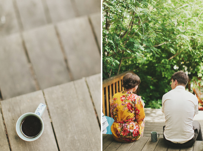 Bride and groom sitting on their porch enjoying a cup of coffee before they are married