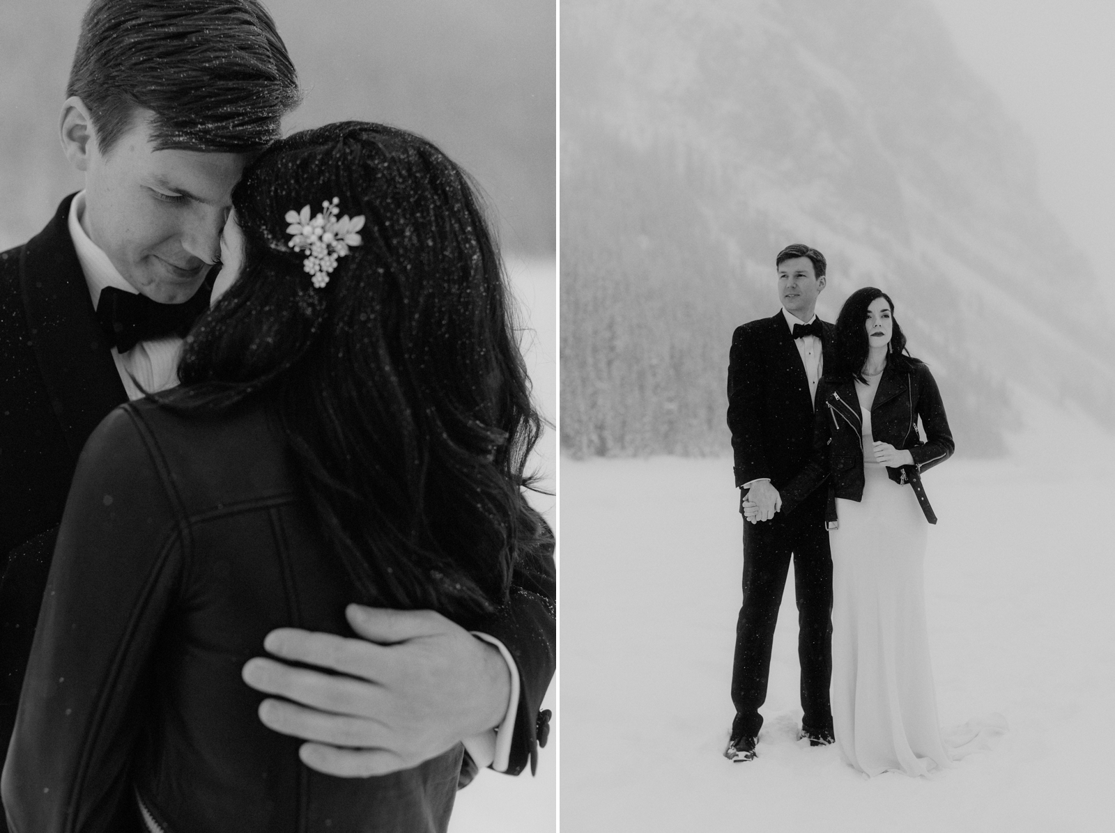 Timeless bridal styling with black leather jackets and a simple white dress