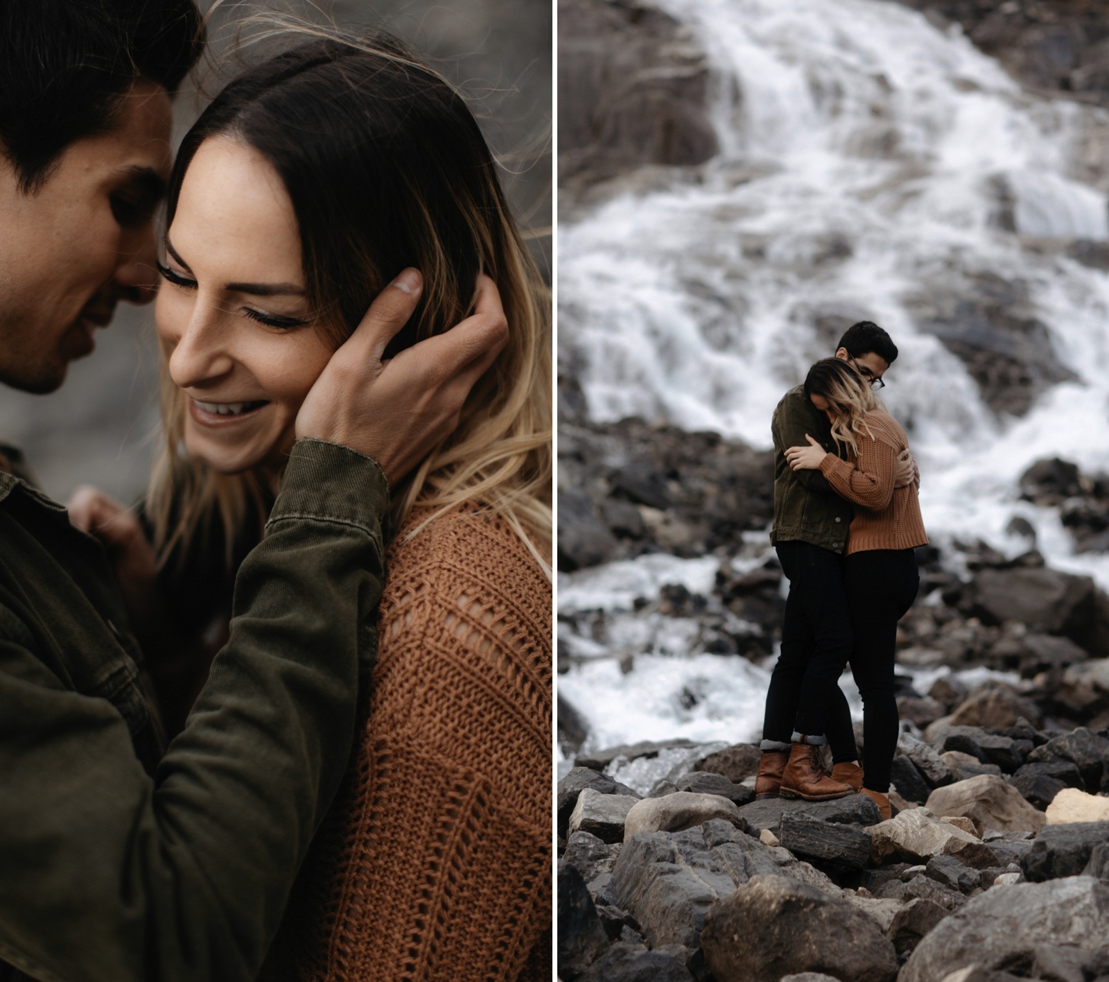 Stylish couple holding each other tight at the base of a glacial fed waterfall after hiking