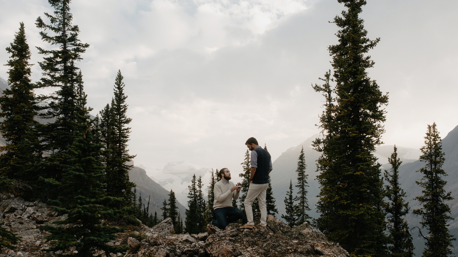 A same sex proposal in Banff National Park overlooking the Peyto Glacier