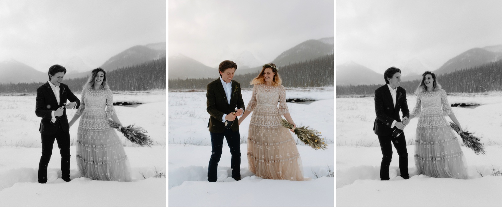Couple in a snowy field popping a bottle of champagne to celebrate eloping at Engadine Lodge