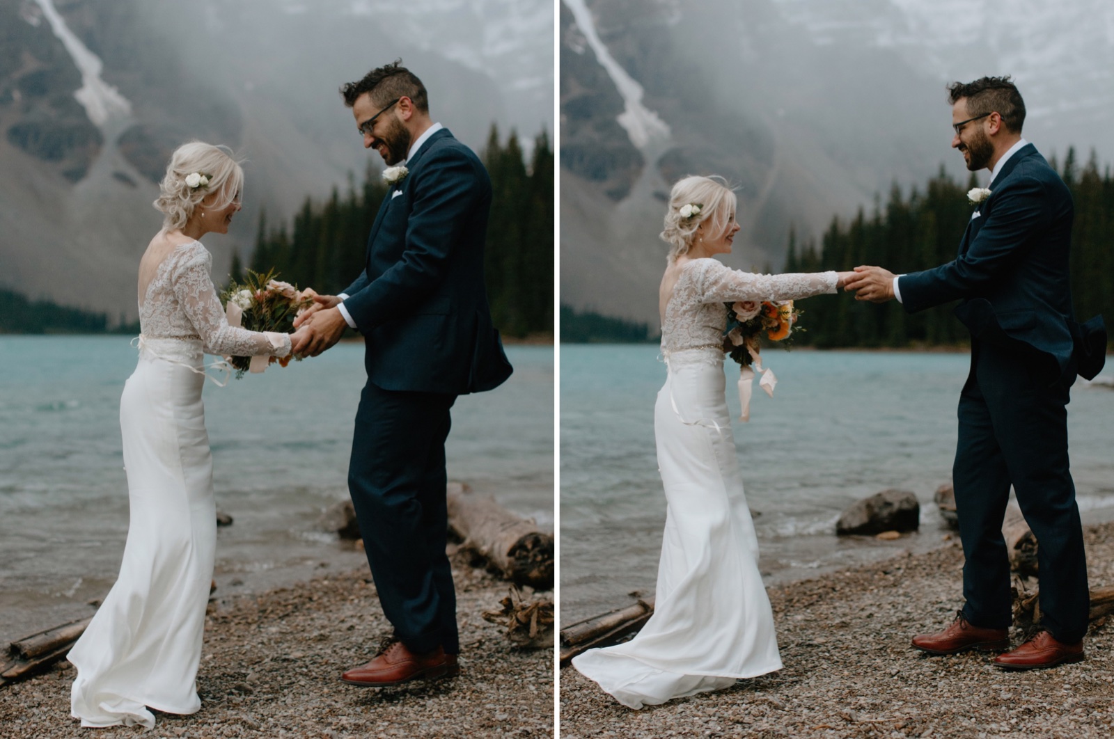 Wedding couple doing a first look on the shores of Moraine Lake