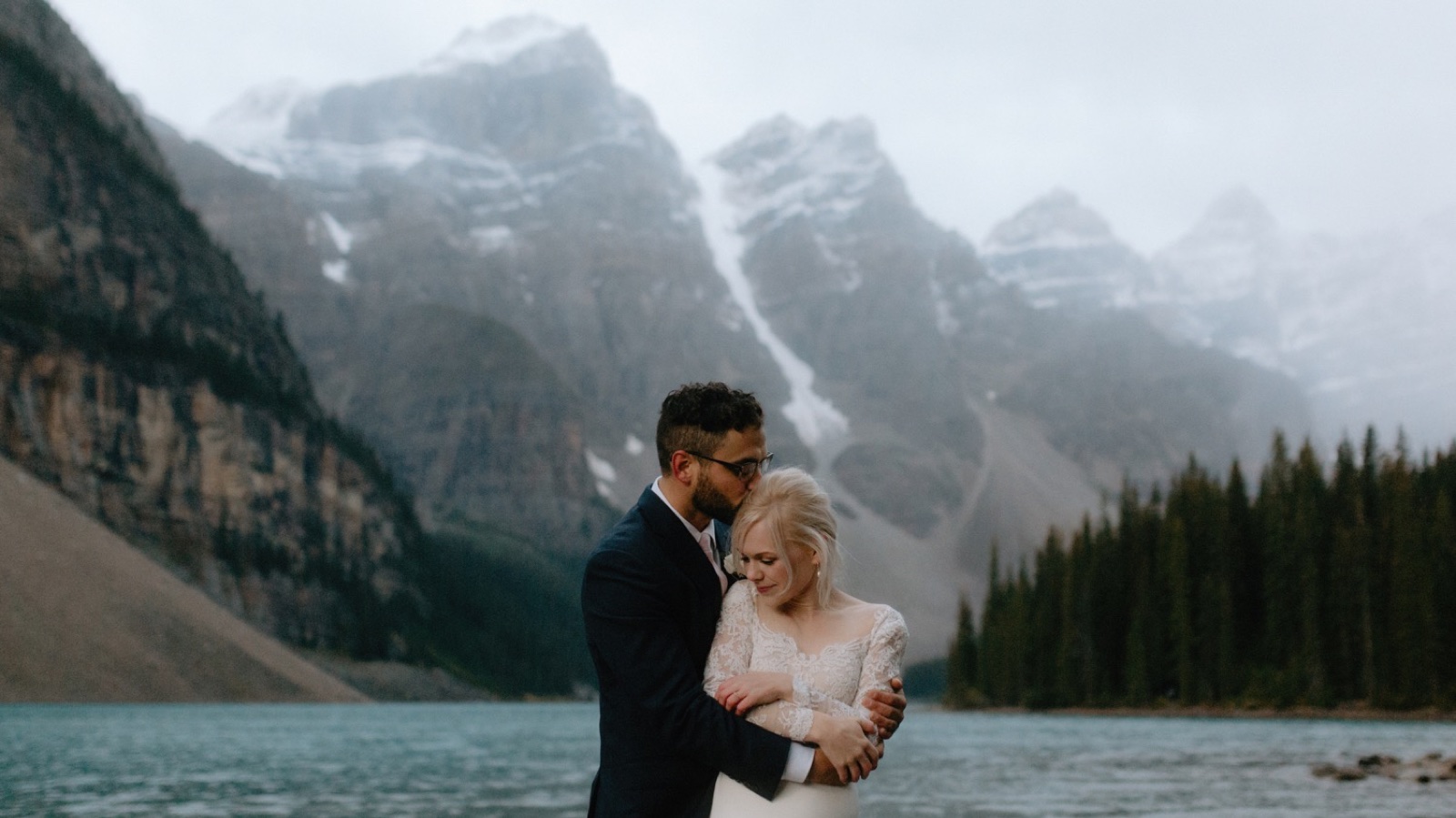 Autumn wedding portraits at Moraine Lake on a blustery winter day