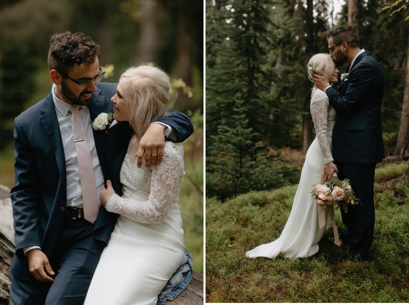 Bride and groom keeping each other warm in a mossy forest hidden spot in Banff