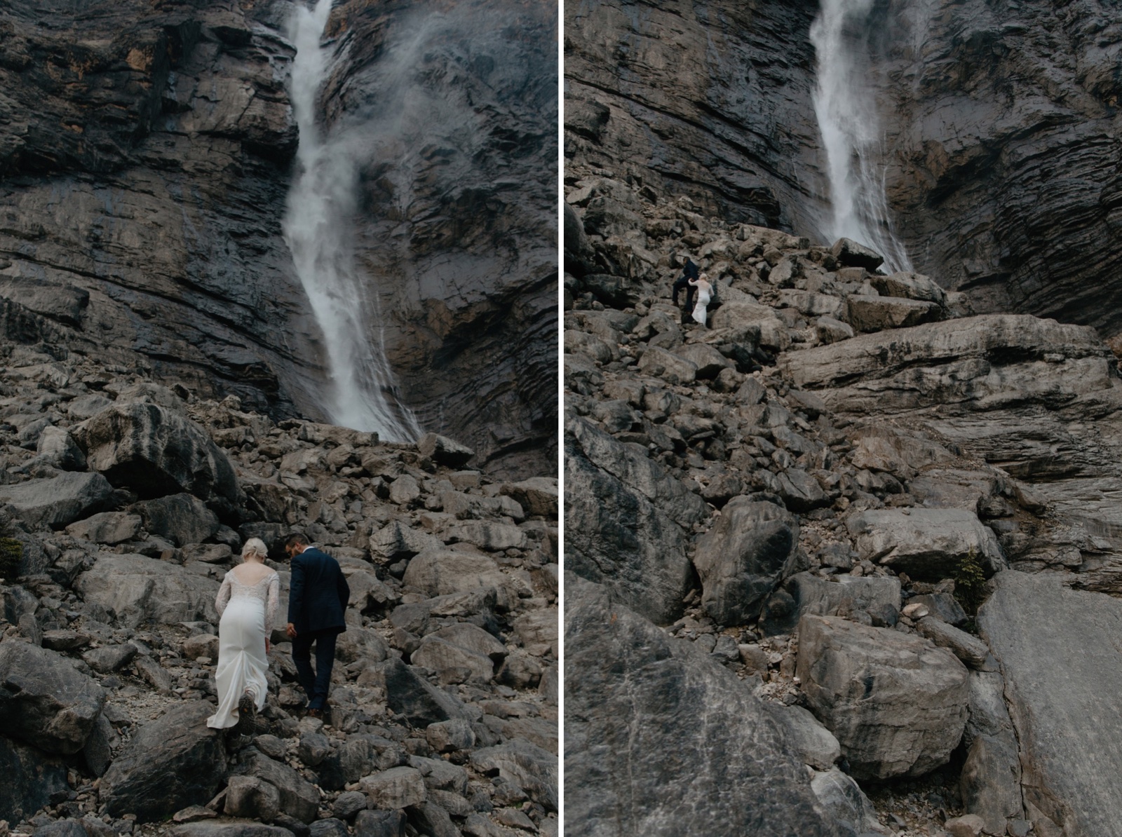 Couple hiking up a rocky slope at the base of Takakkaw Falls for their wedding portraits for an intimate summer wedding