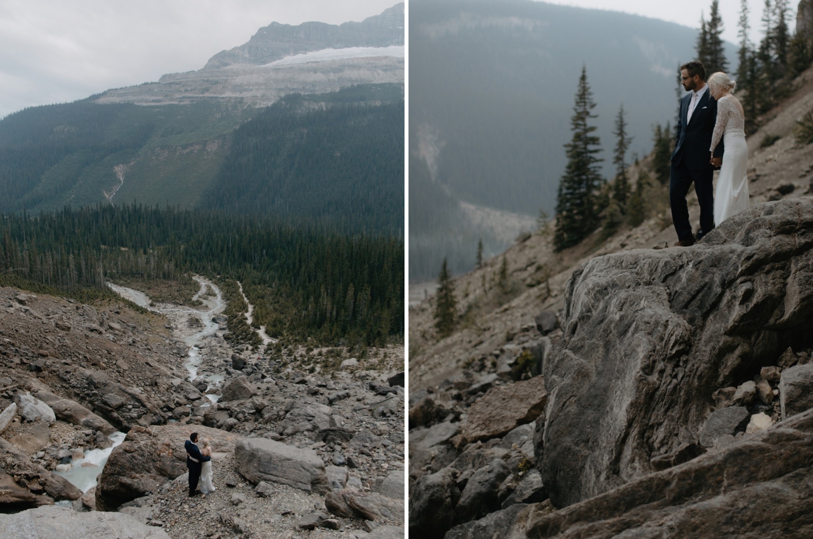 Natural portraits of a couple overlooking the glacial carved valley in Yoho