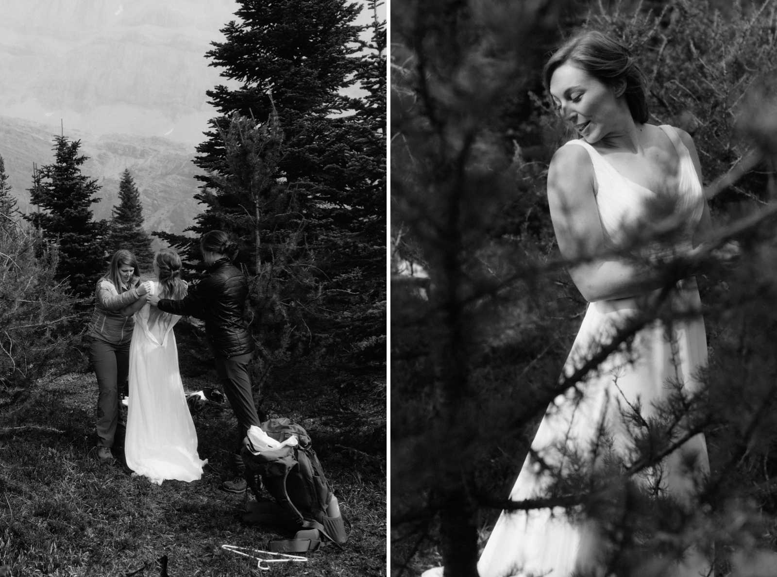 Bride getting ready amongst larch trees with the help of friends at Hidden Lake in Banff