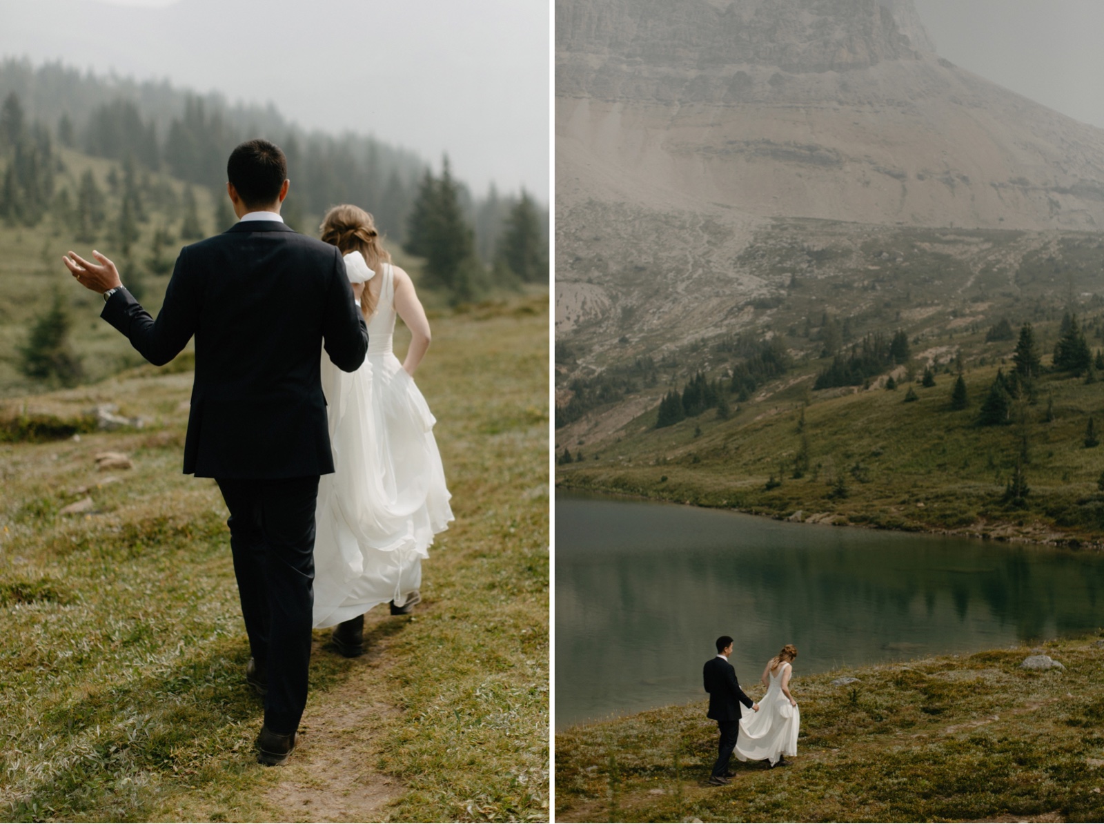 Couple hiking after their Hidden Lake ceremony that they hiked to behind Lake Louise Ski Hill