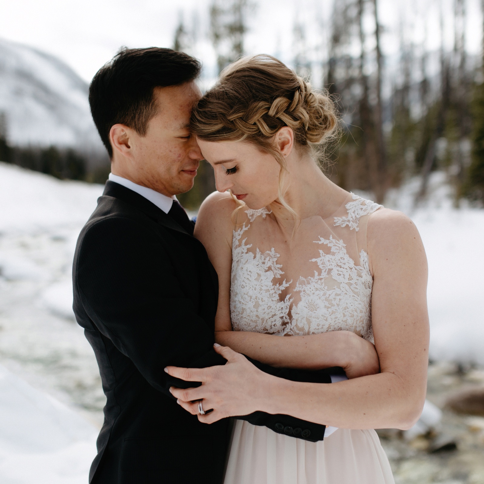 Intimate portraiture with a custom bridal skirt at Marble Canyon in Kootenay National Park