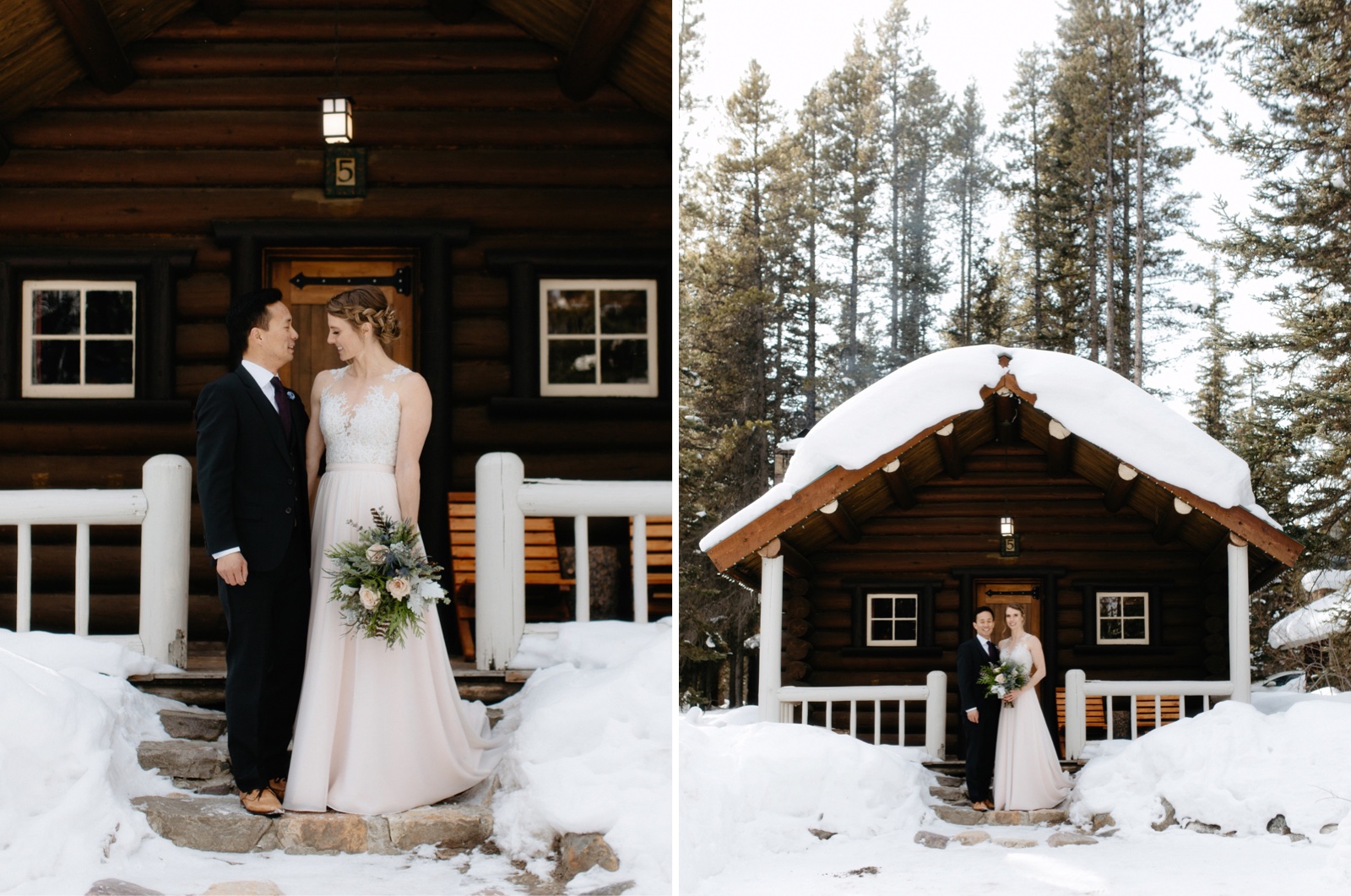 Wedding couple with classic black suit and soft pink custom made dress standing on the steps of the historic log cabins at Storm Mountain Lodge