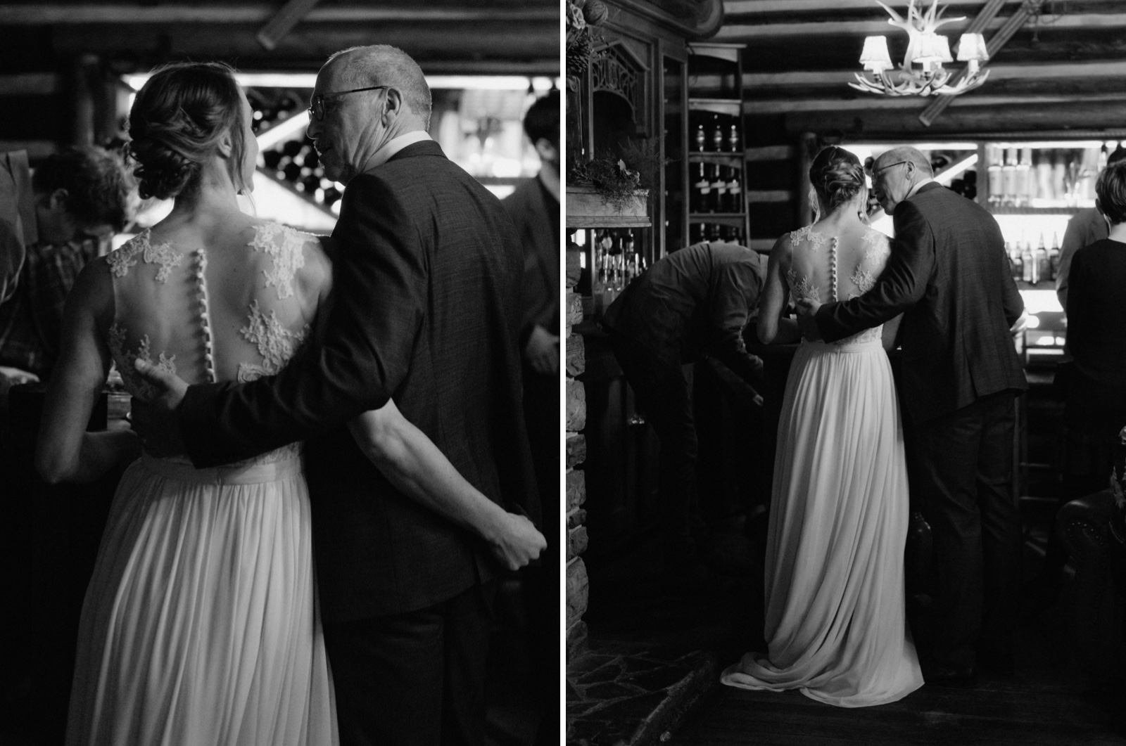 Father and daughter embracing at winter Storm Mountain Lodge intimate wedding