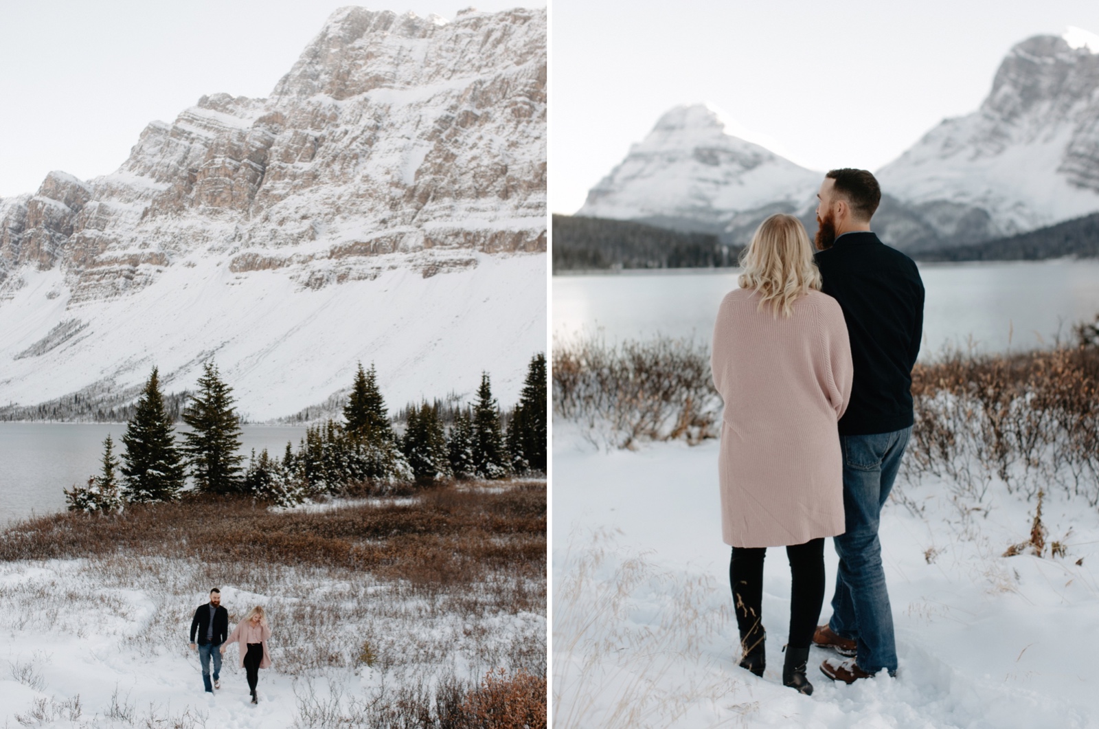 Adventerous couple exploring Bow Lake in Banff National Park