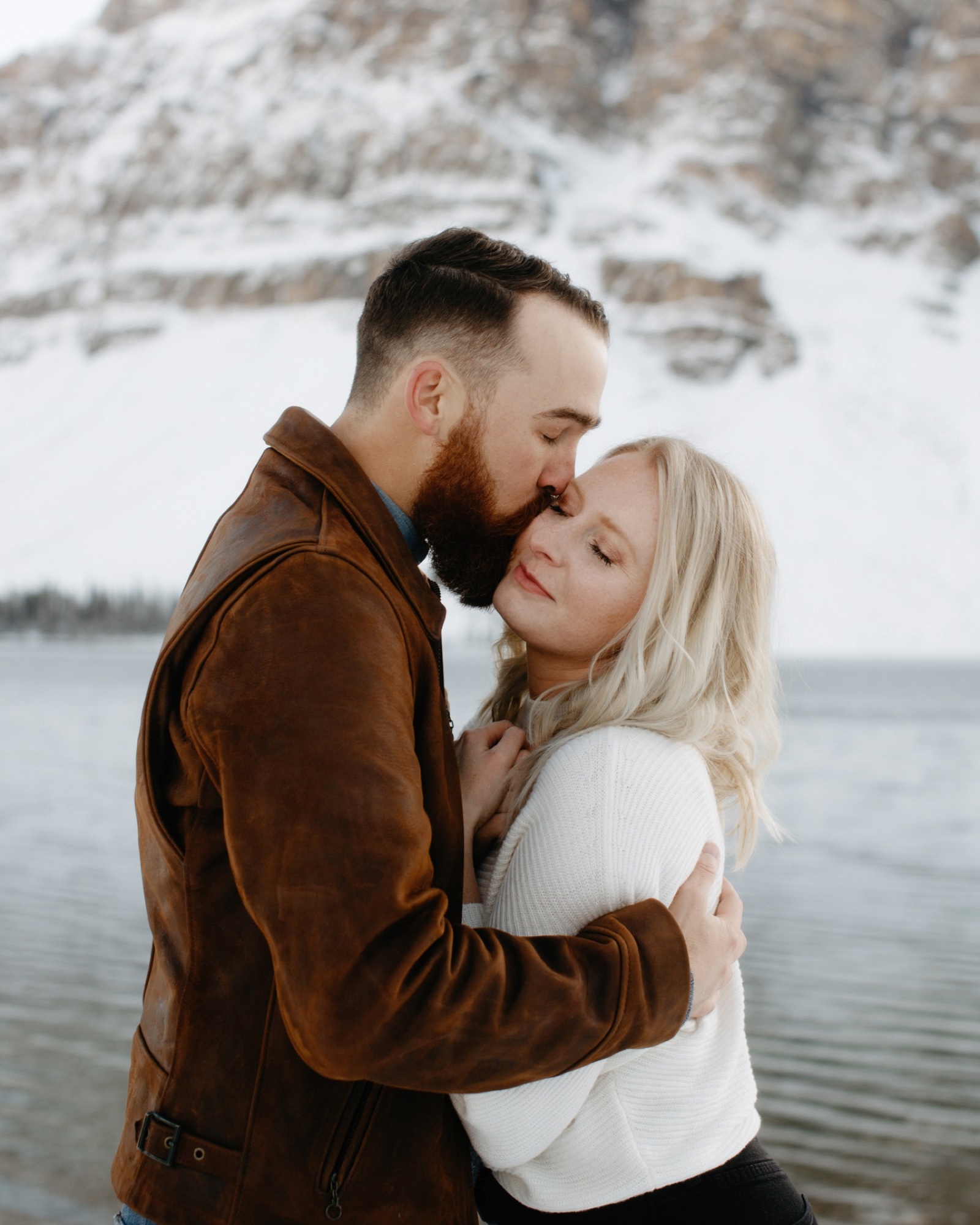 An anniversary photography session with a couple visiting from Texas at Bow Lake after a snow storm