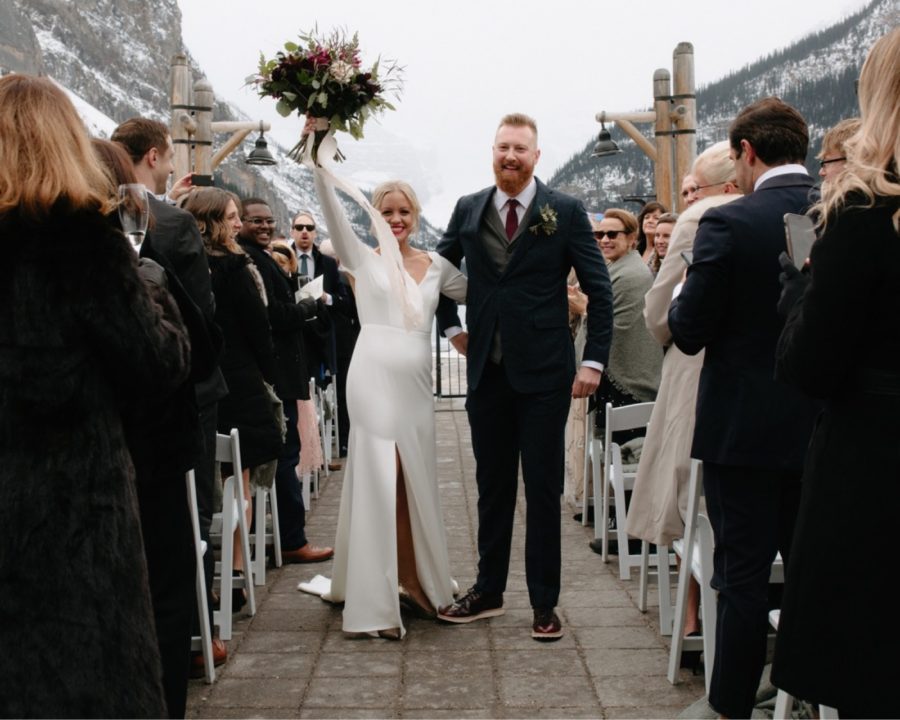 Best wedding recessional on the Lakeview Terrace at Fairmont Lake Louise for a winter wedding