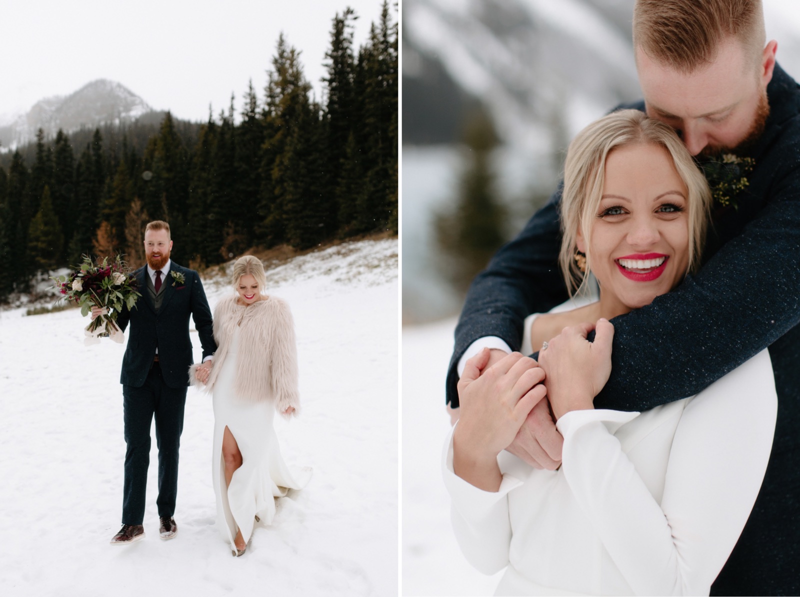 Wedding portraits in the meadow by Lake Louise with a classic Sarah Seven dress and red lipstick