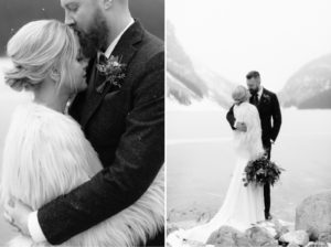 Timeless wedding portraits in Banff National Park beside a frozen glacial lake