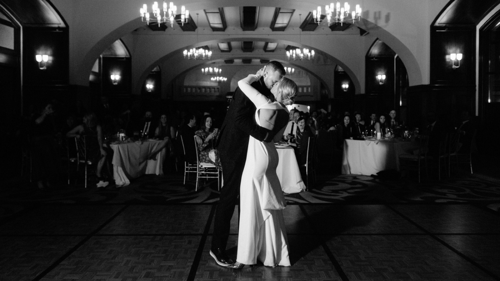 Timeless black and white first dance at the Chateau Lake Louise Victoria Ballroom