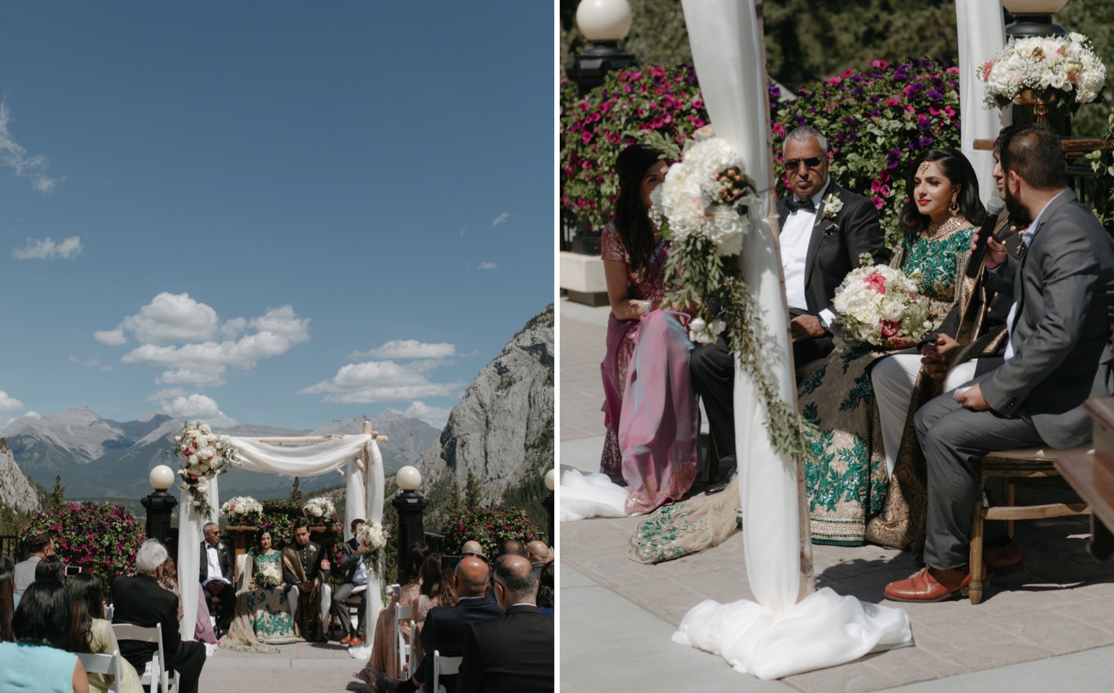 Intimate muslim wedding on a clear summer day on the Outdoor Terrace at the Banff Springs with the bride wearing emerald and gold