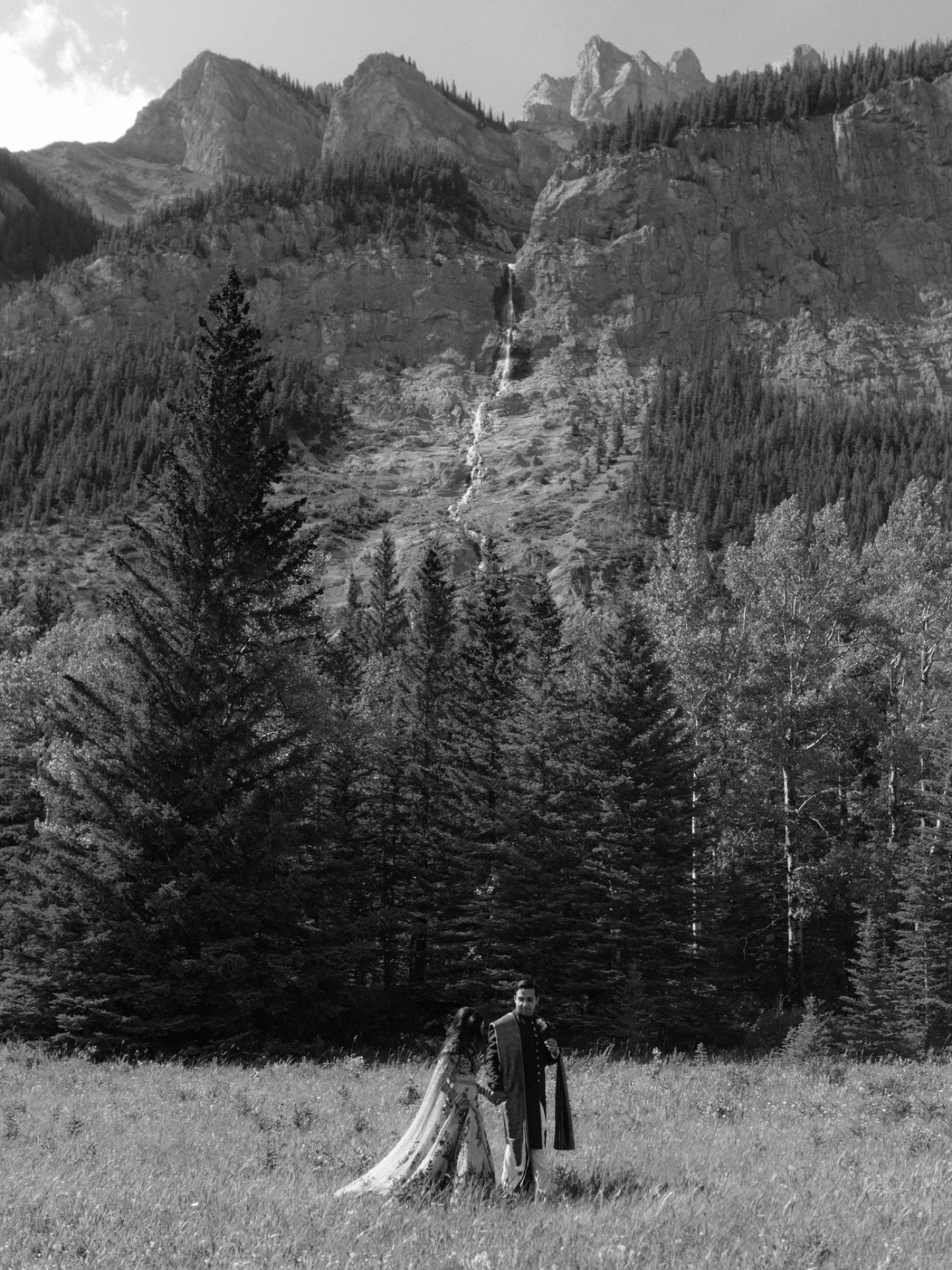 Cascade mountain waterfalls as a unique wedding portrait backdrop behind a couple walks through the buffalo paddocks