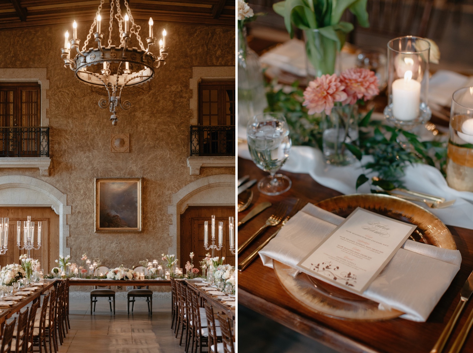 Soft pink and orange tone wedding reception inspiration in Mt Stephen Hall in Banff National Park