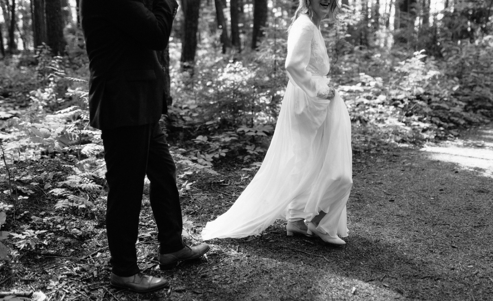 Bride with a classic dress wearing kitty heels for a forest wedding in British Columbia