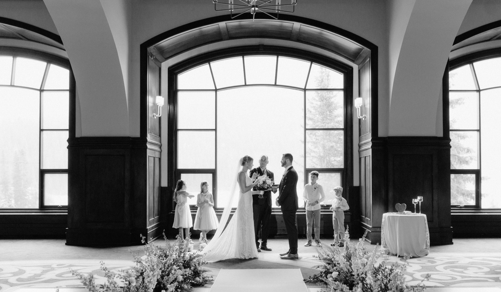 Timeless wedding ceremony with kids as wedding party in the Victoria Ballroom