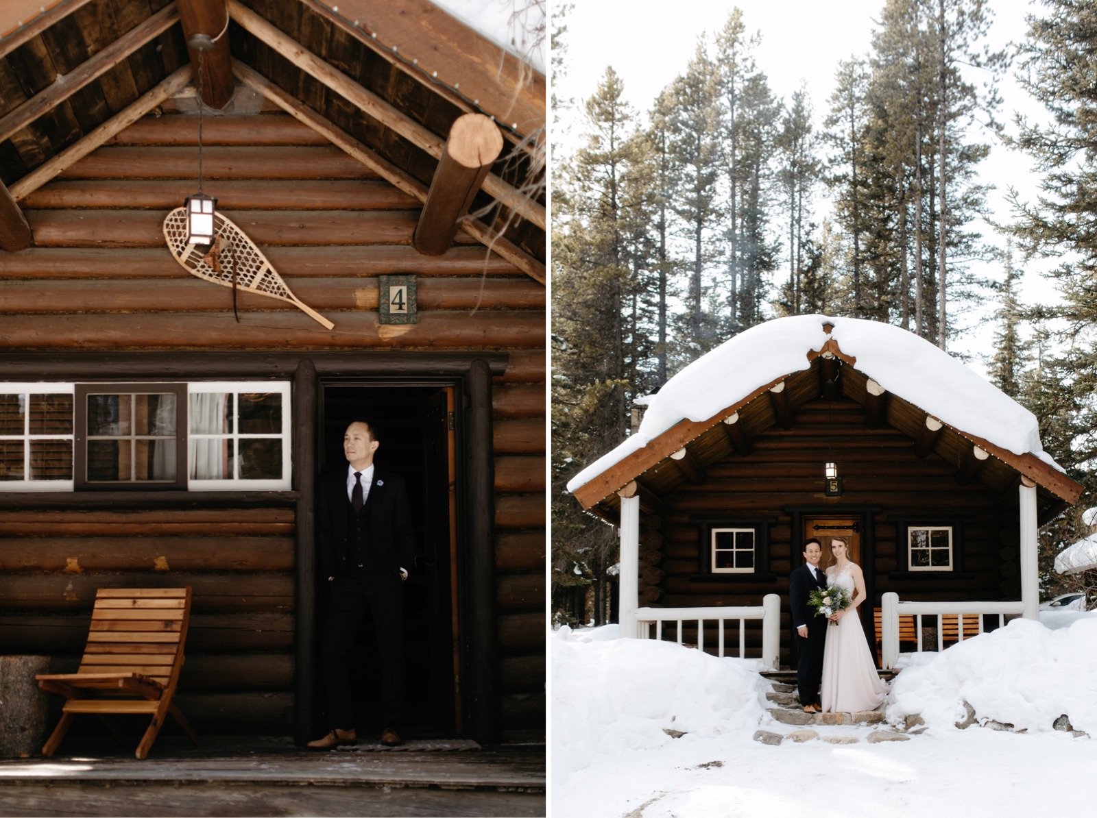 Married couple outside a snow laden cabin in Banff