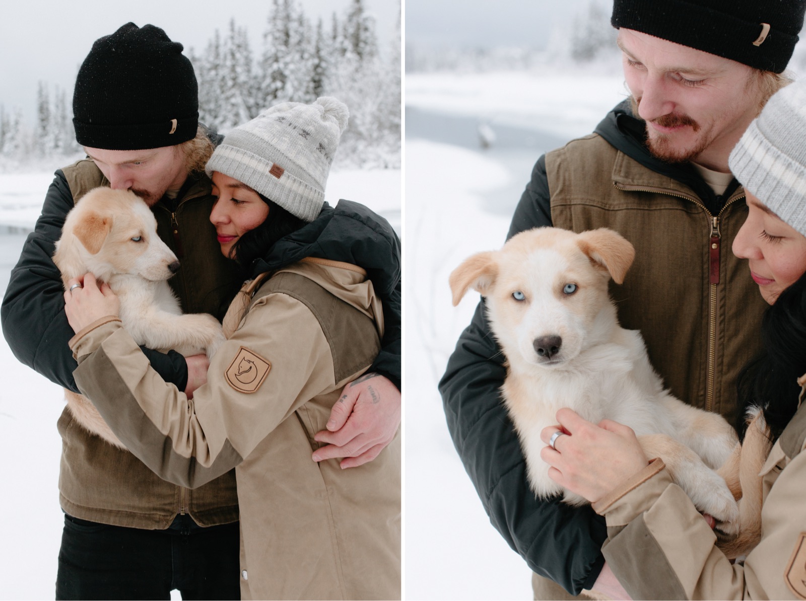 Couple and new puppy pet photographer in Canmore