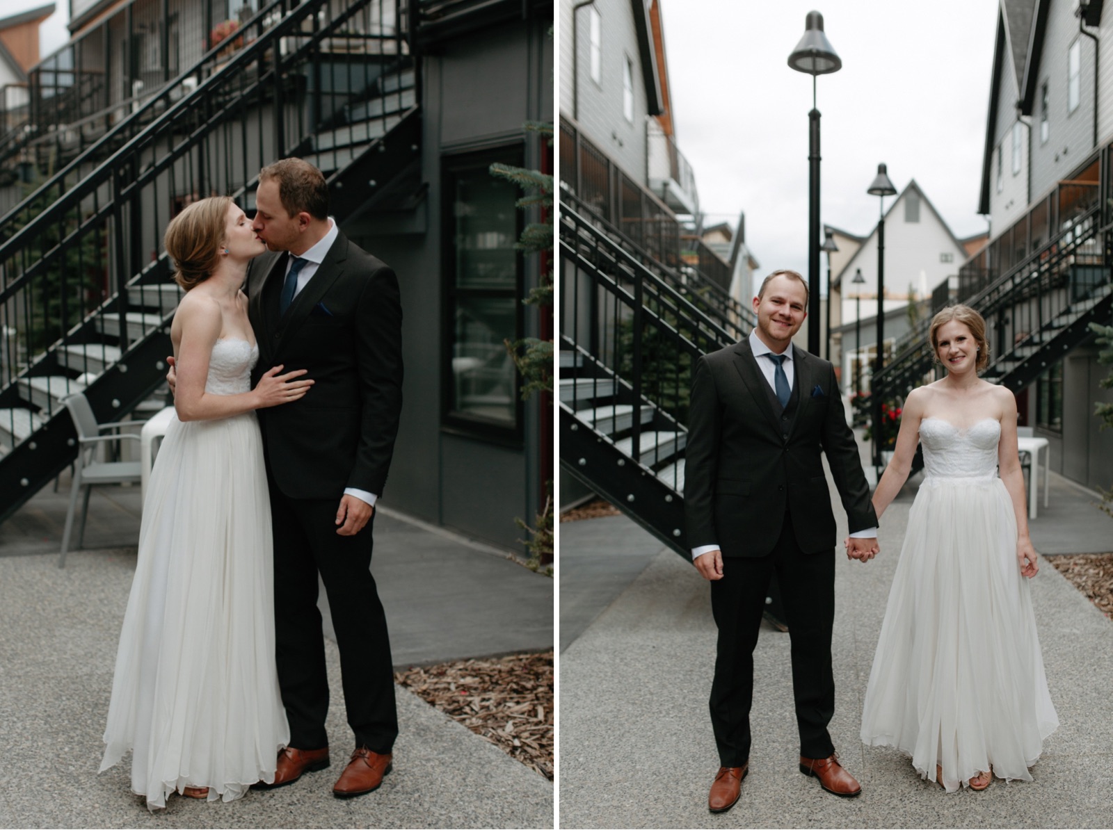 Elopement first look in the courtyard of Basecamp Resorts in Canmore