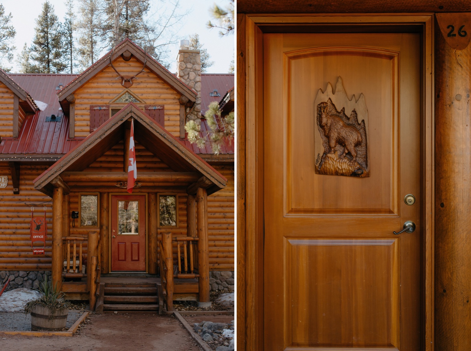 Custom wood door detailing at Baker Creek Mountain Resort along the Bow Valley Parkway