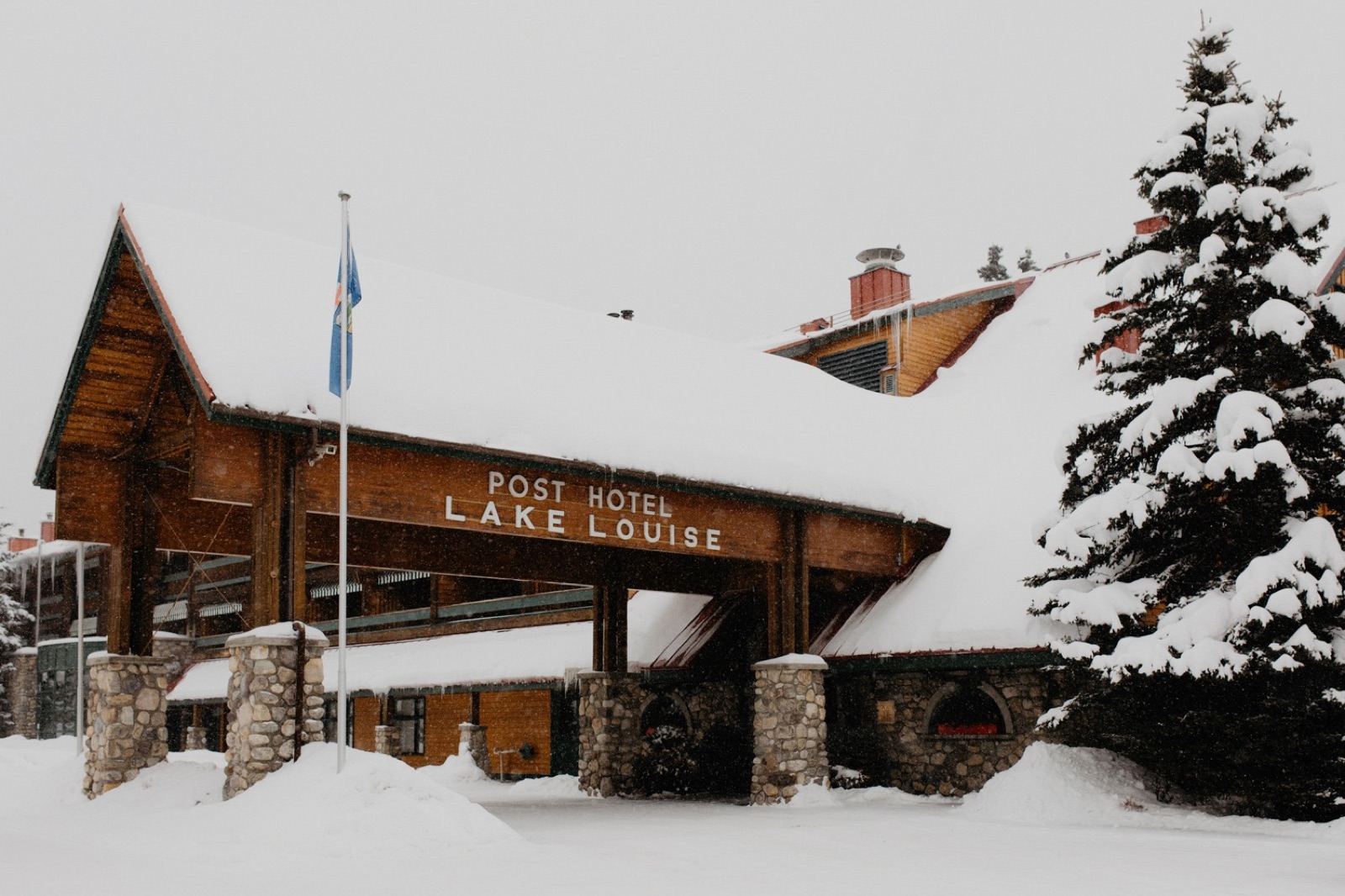 Exterior of the Post Hotel in Lake Louise in winter