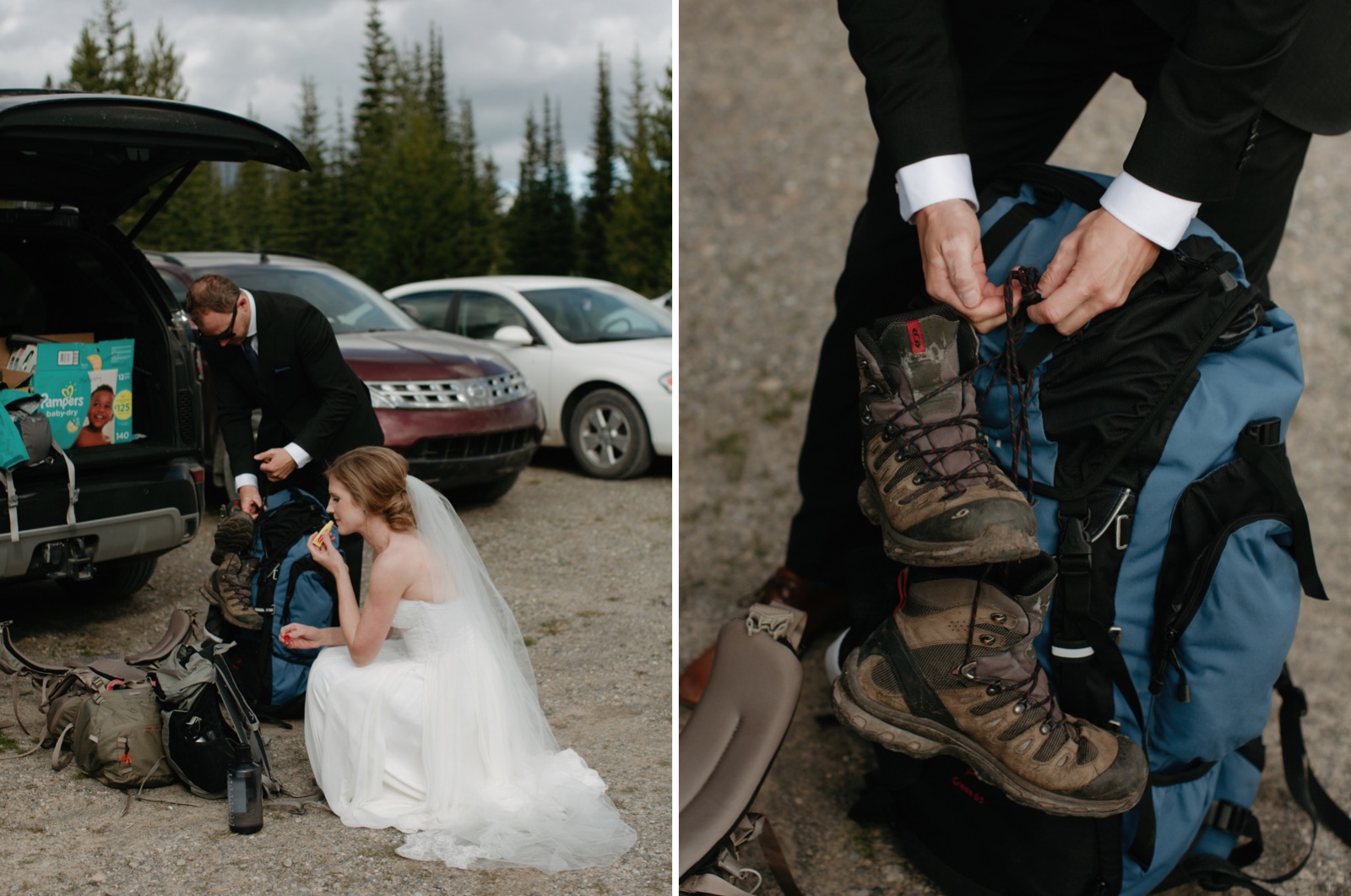 Hiking boots affixed to backcountry backpack for a helicopter elopement