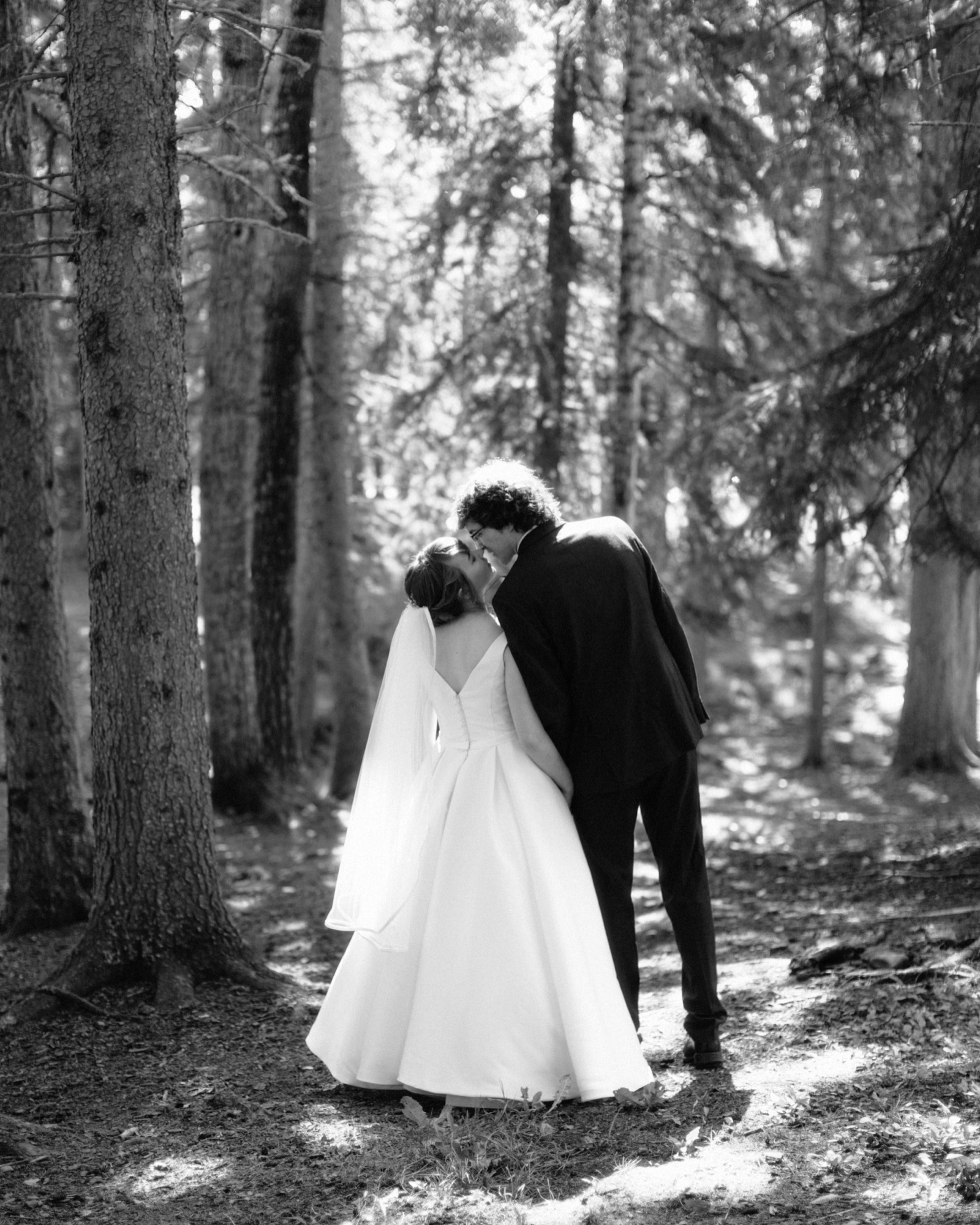 Romantic black and white couple wedding portraits in an Alberta forest