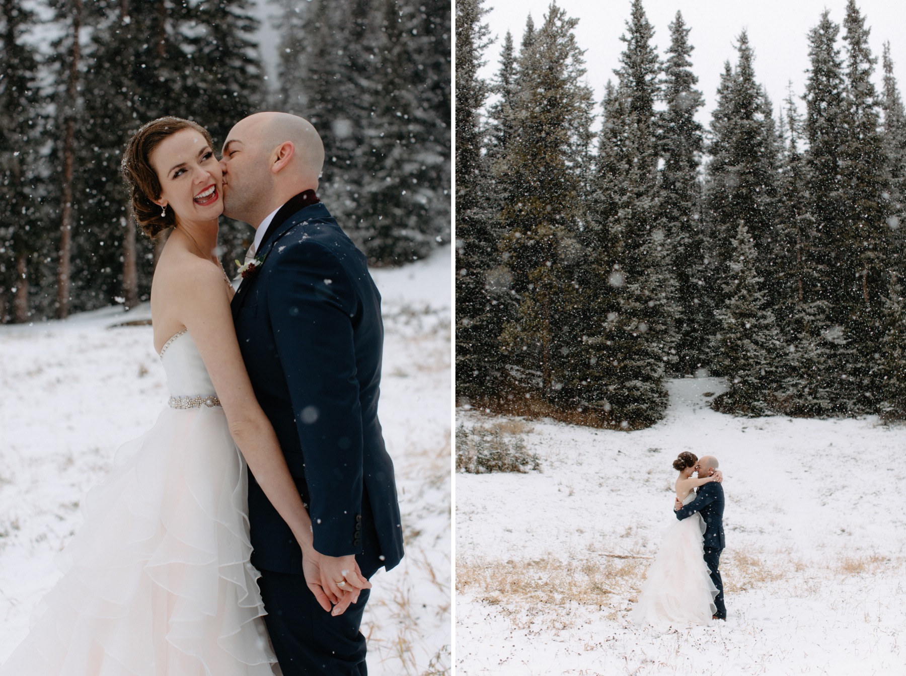 Wedding bride and groom in the meadow beside the Chateau Lake Louise for a winter wedding