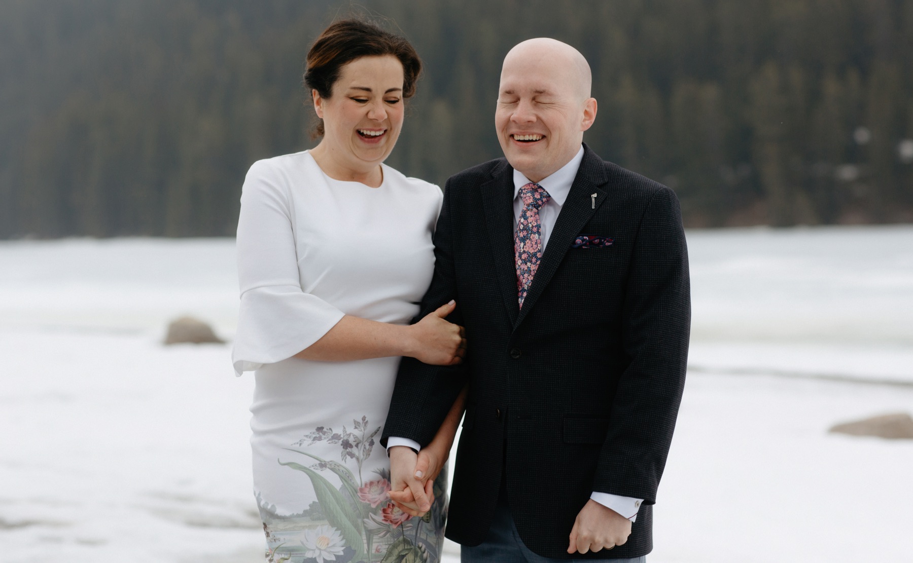 Intimate wedding ceremony at Two Jack Lake in Banff