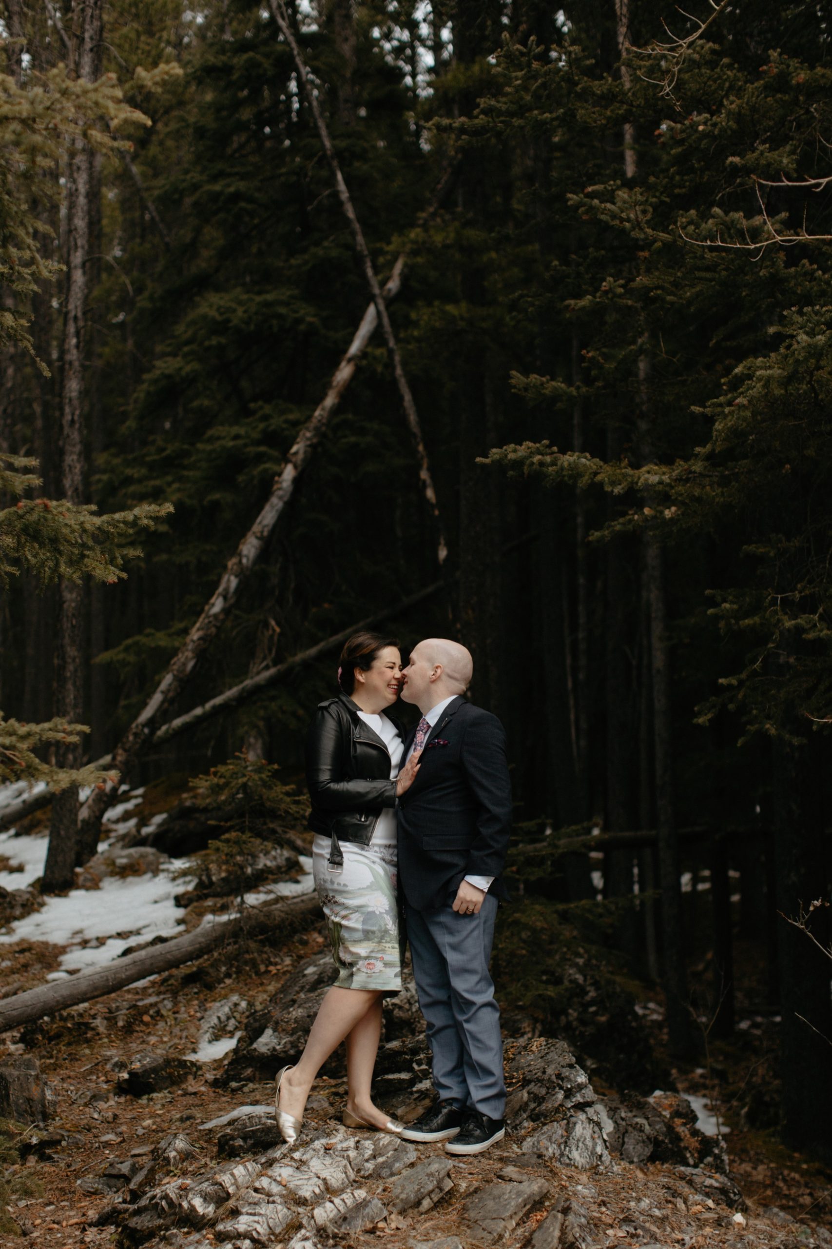 Banff wedding portraits with alternative style, leather jacket and gold shoes