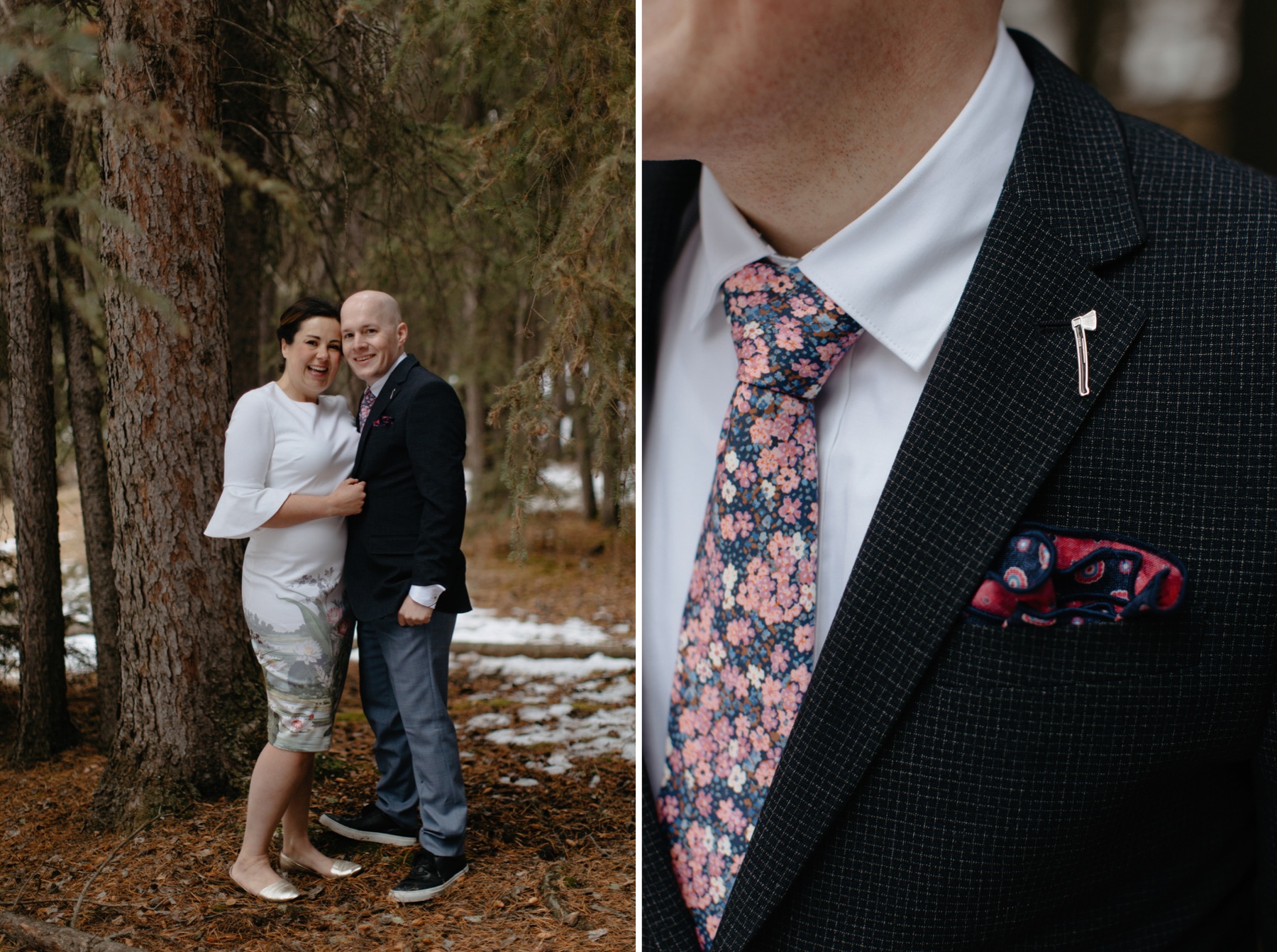 Groom style with pinstriped suit, floral tie and axe pin