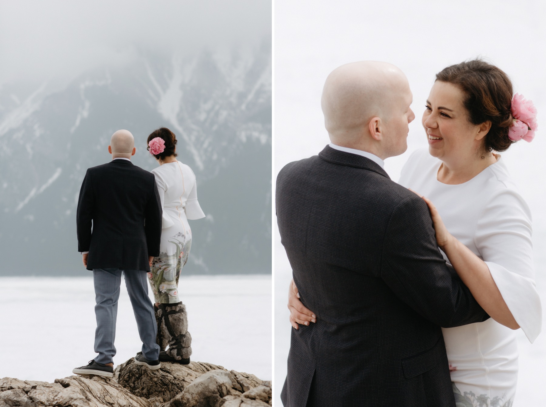 A wintery elopement at Lake Minnewanka with a couple wearing alternative wedding fashion