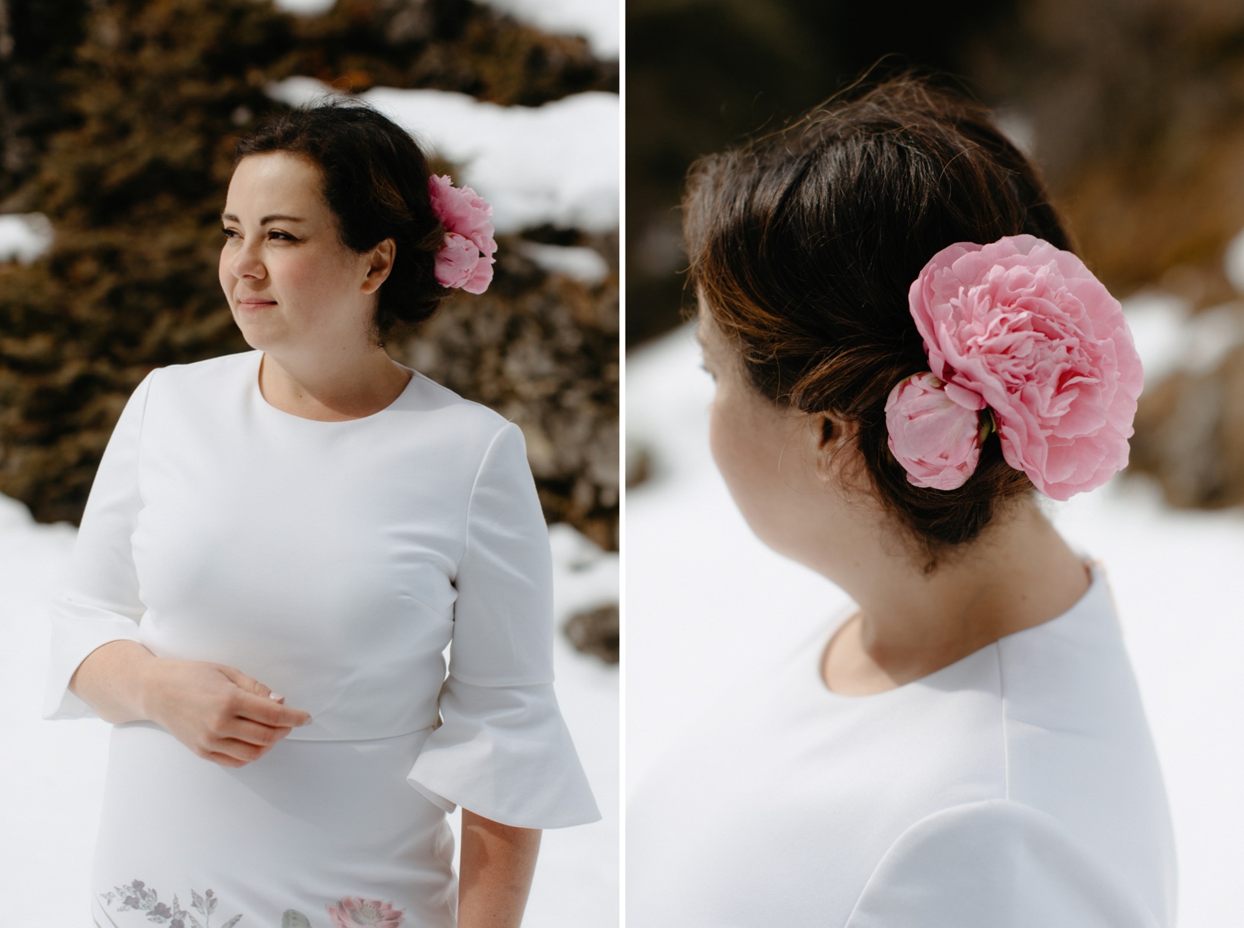 Bold pink peony hairpiece for a Banff elopement