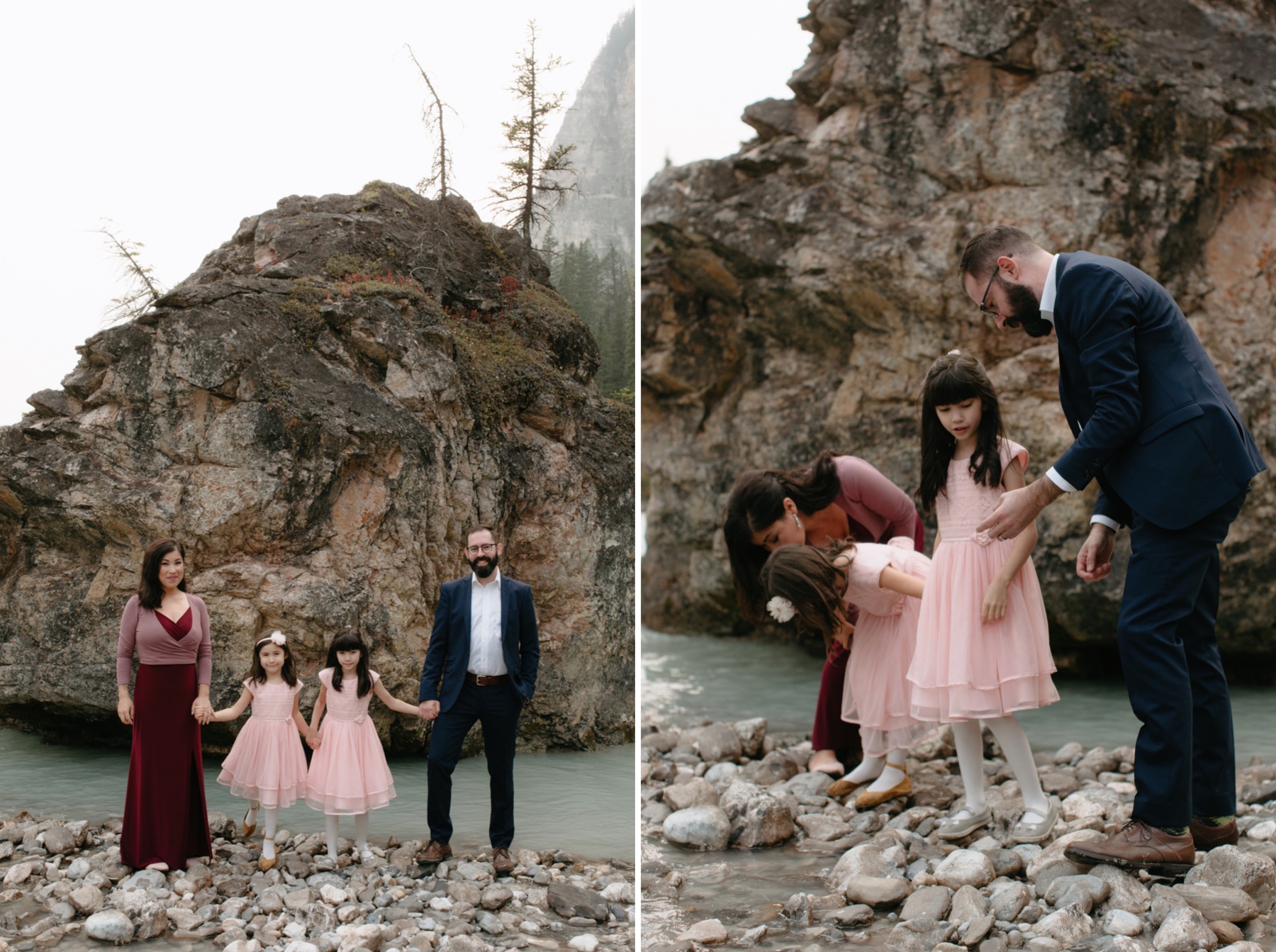 Family portraiture at vow renewal along glacial river with family holding hands and smiling