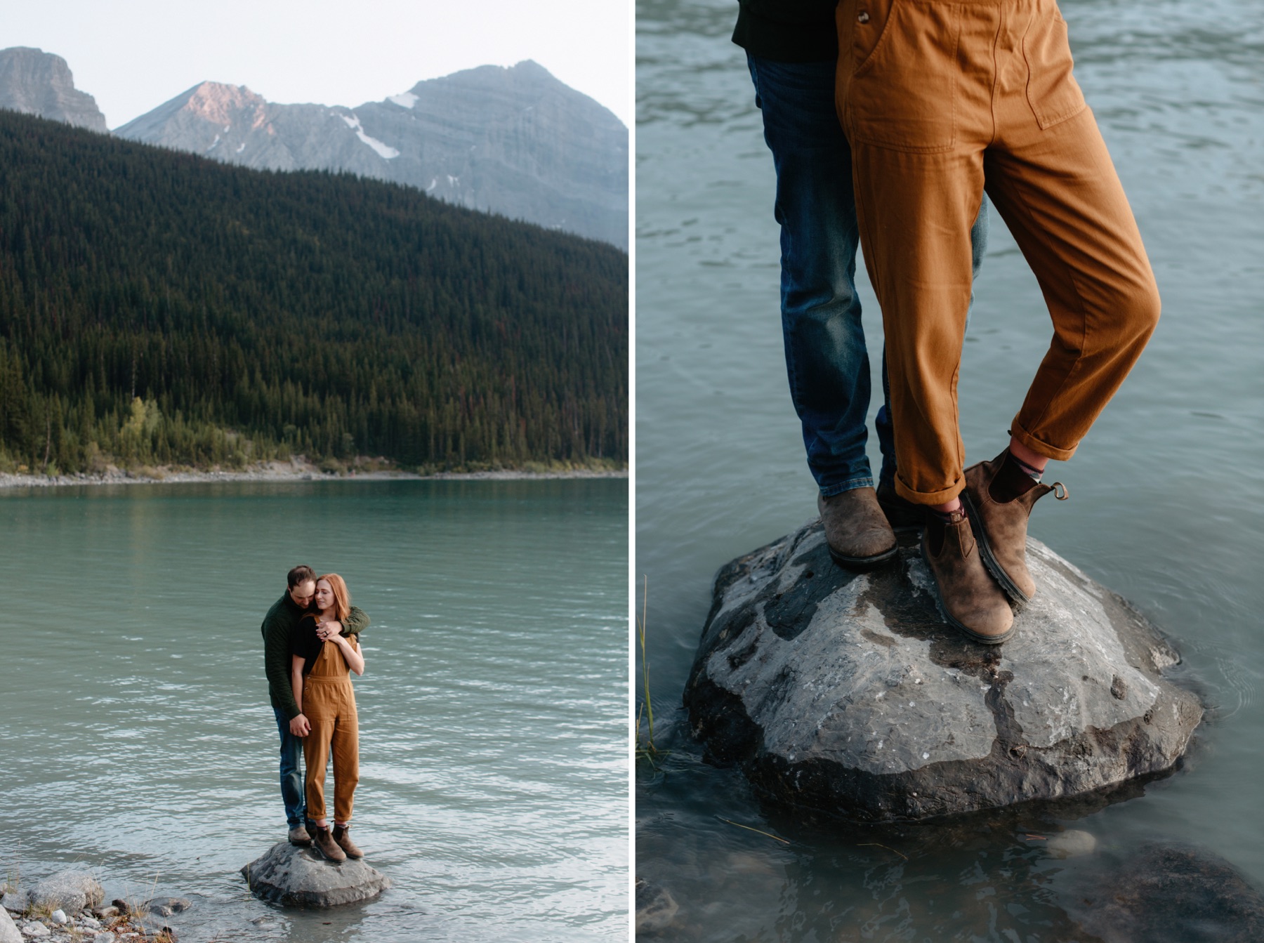 Contrasting colours of a glacial blue lake and stellar orange overalls for a casual engagement session at Upper Kananaskis Lake
