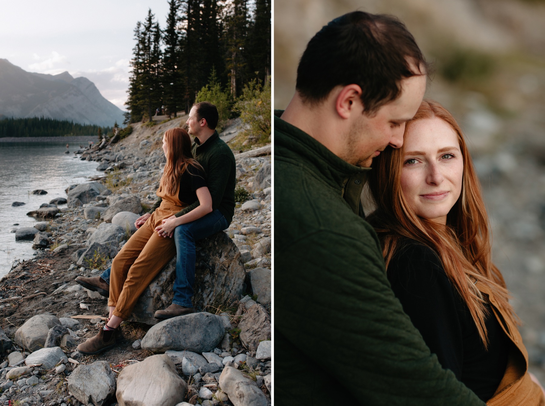 Autumn engagement session at Upper Kananaskis Lake as couple watches the sunset