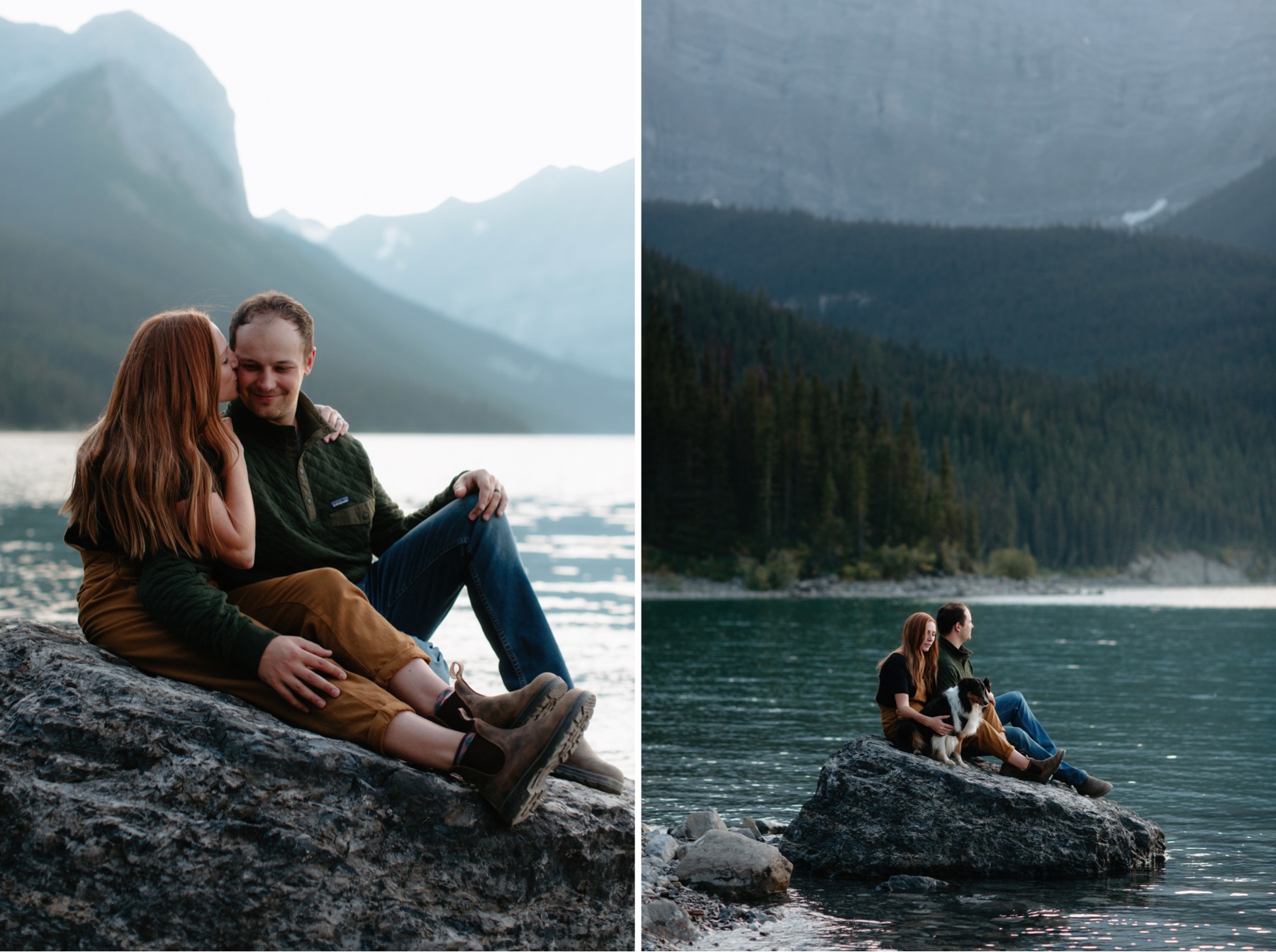 How to includle a dog at an anniversary photography session in the heart of Kananskis, with couple embracing on a rock