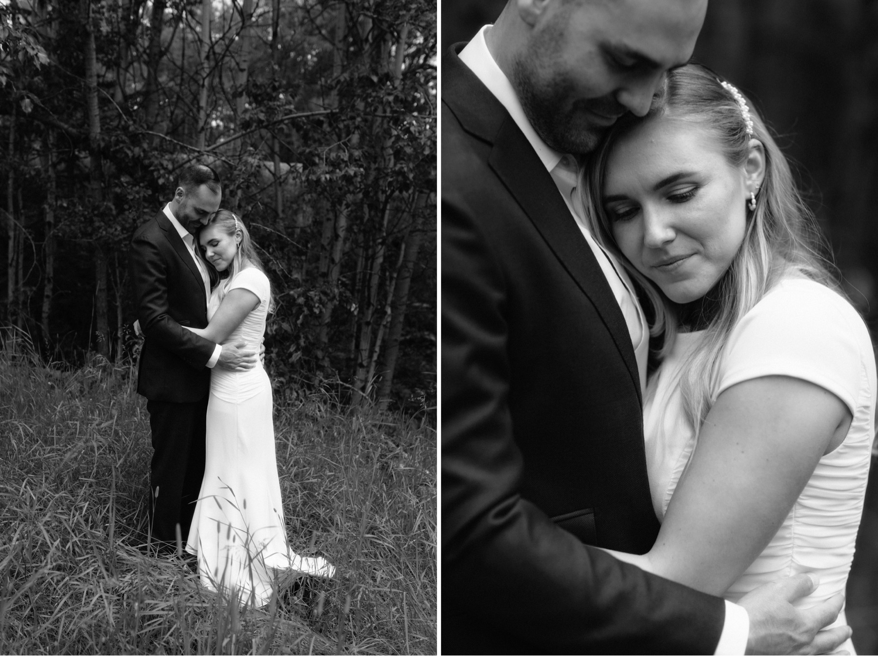 Bride and groom embracing in grassland in the foothills of Alberta