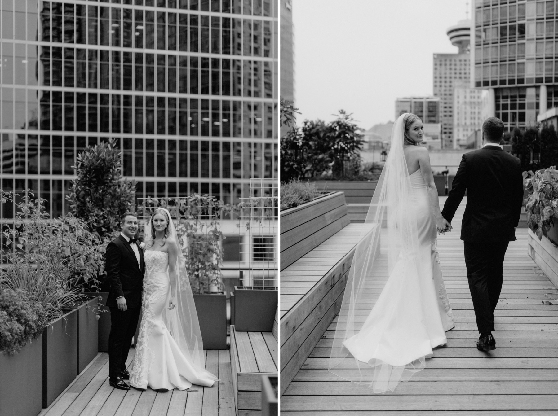 Classic rooftop garden portraits with groom wearing a black tie suit and her a gorgeous texted wedding gown