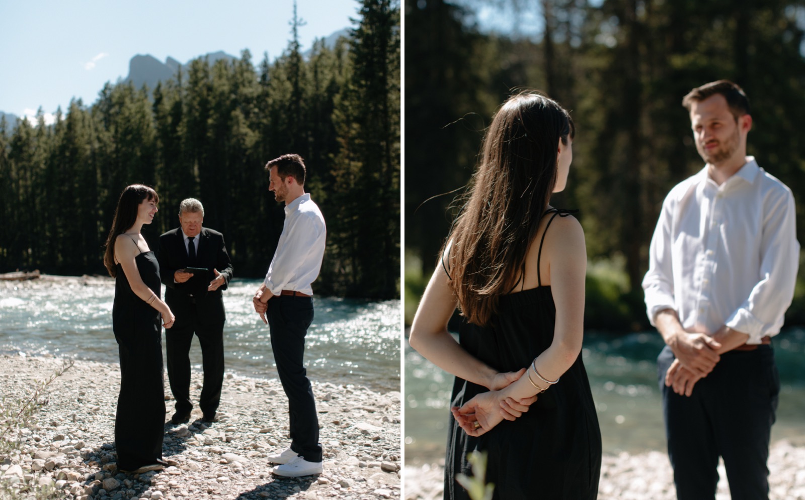 Elopement with the bride wearing a black linen jumpsuit at the Bow River