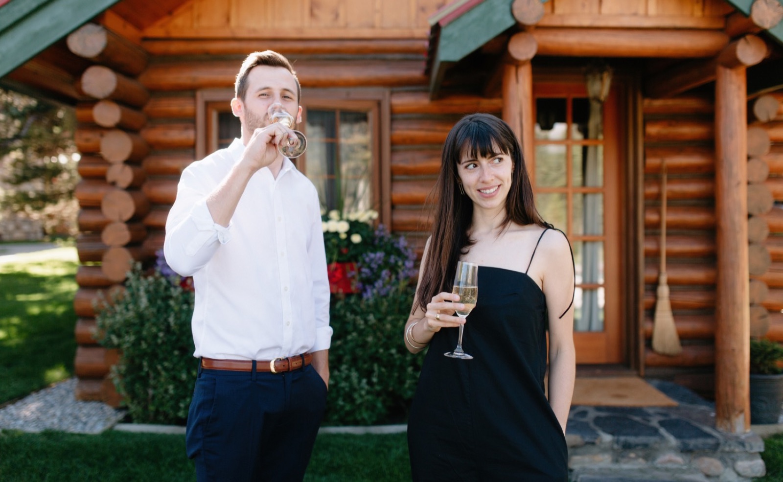 Champagne toast at a private cabin at the Post Hotel Lake Louise celebrating their secret elopement