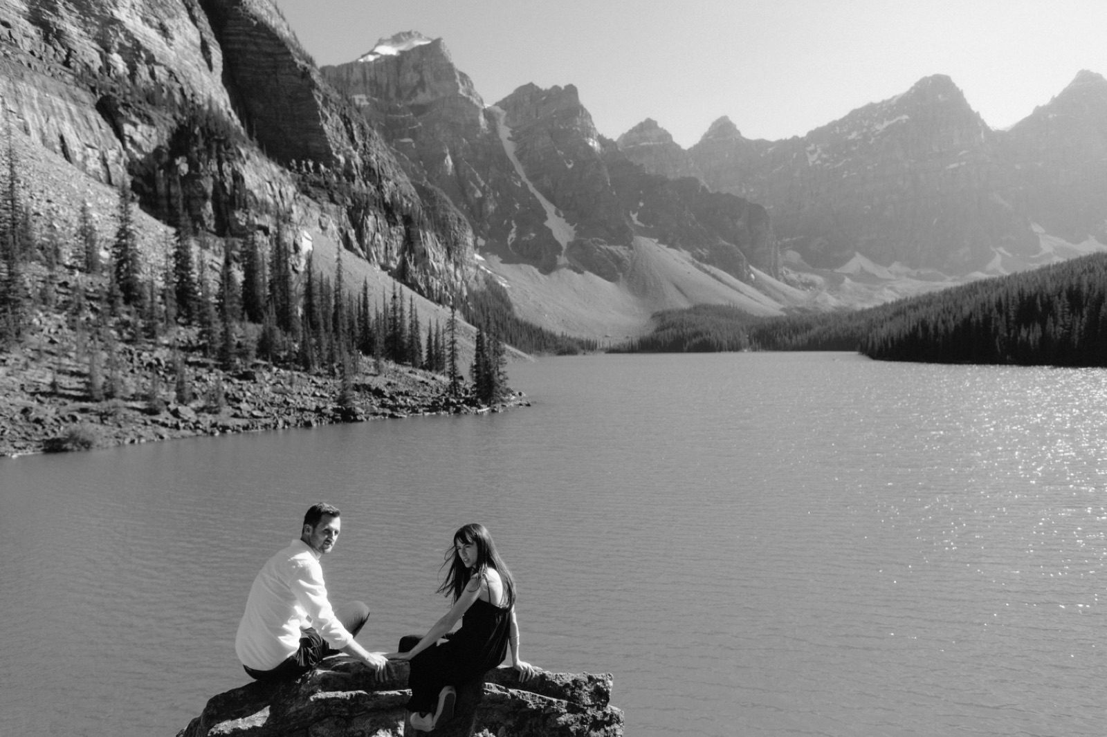 Moraine Lake portraits in classic black and white for a midday elopement at the Post Hotel