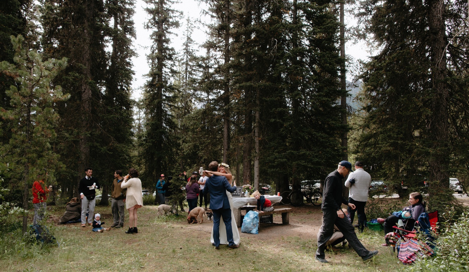 Couple dancing at their impromptu elopement reception at the Fairview picnic area in Lake Louise