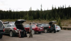 Preparing to hike to Lake Magog Campground from the Mount Shark trailhead in summer